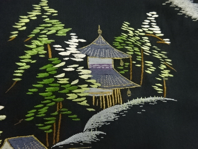 アンティーク　寺院風景模様刺繍名古屋帯